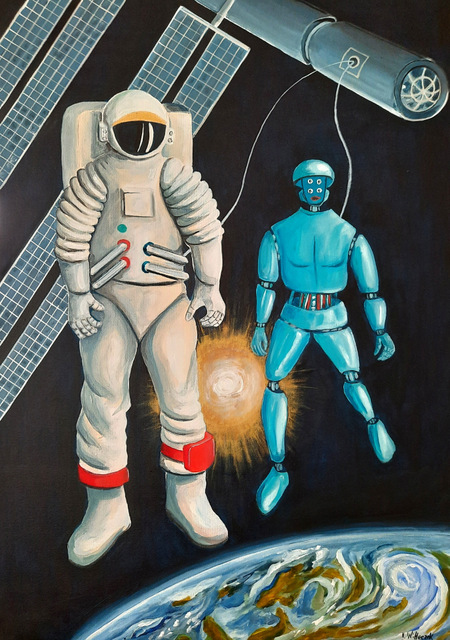 Astronaut mit Roboter